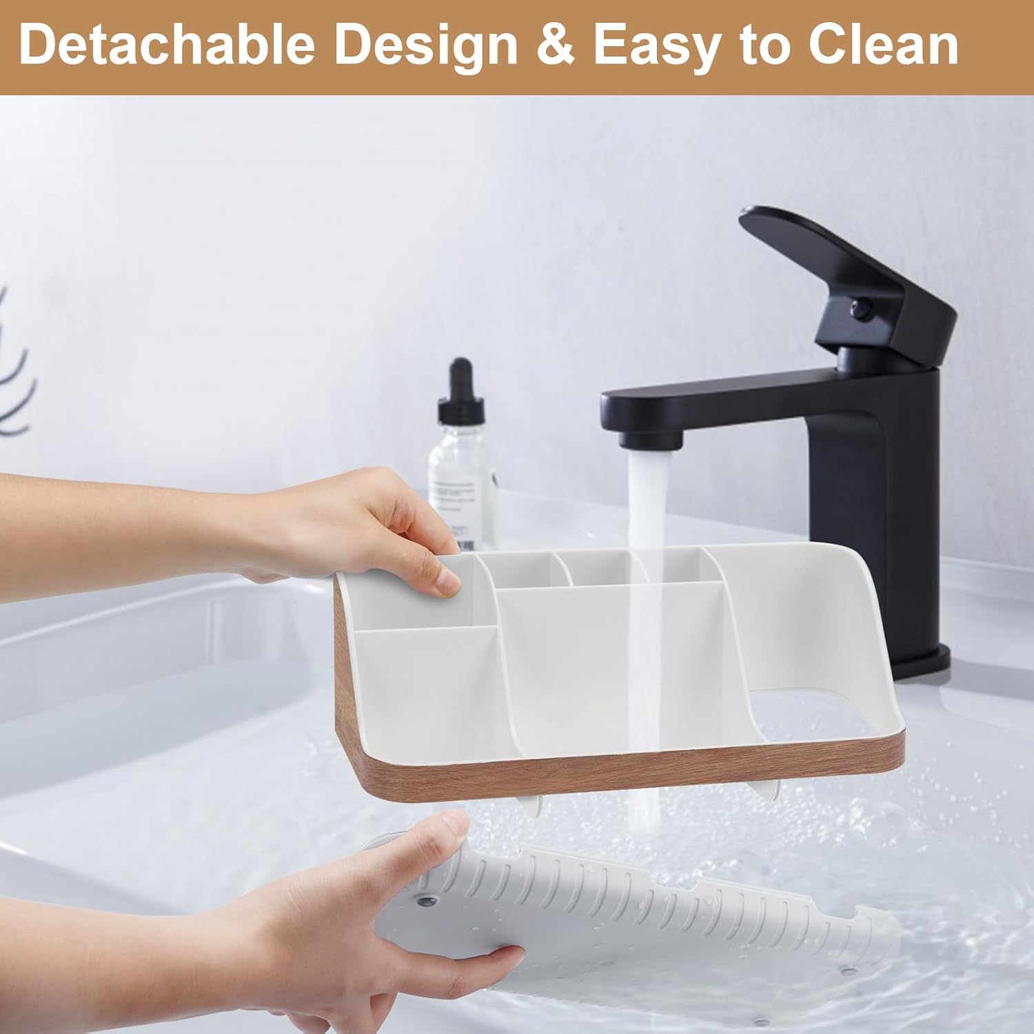 Bathroom Countertop Organizer - Detachable 7 Slots Kids Electric Toothbrush and Toothpaste Holde Drainage for Bathroom Accessories Organization Counter Vanity Storage, Woodgrain