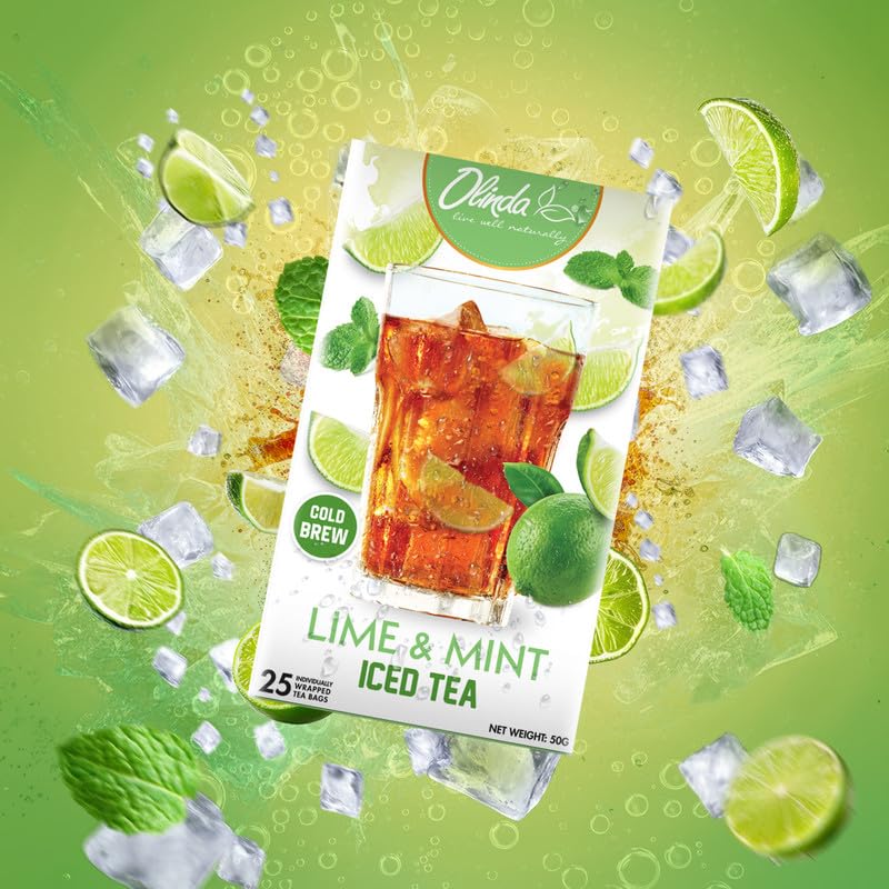 Olinda Lime & Mint Iced Tea Organic Herbal Sugar Free Minty Hot and Cold Brew Supports Healthy Digestion Naturally Caffeinated Refreshing Peppermint Tea Individually Wrapped 25 Tea Bags Christmas Gift