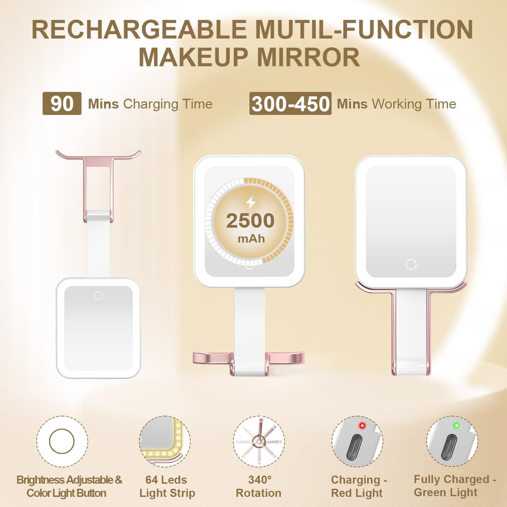 Mocado Travel Makeup Mirror with Lights,10X/1X Magnifying Mirror with Light, Double Sided Travel Mirror with 3 Color Light,Dimmable Touch,Lighted Makeup Mirror for Tabletop,Handheld,Hanging(Rose Gold)