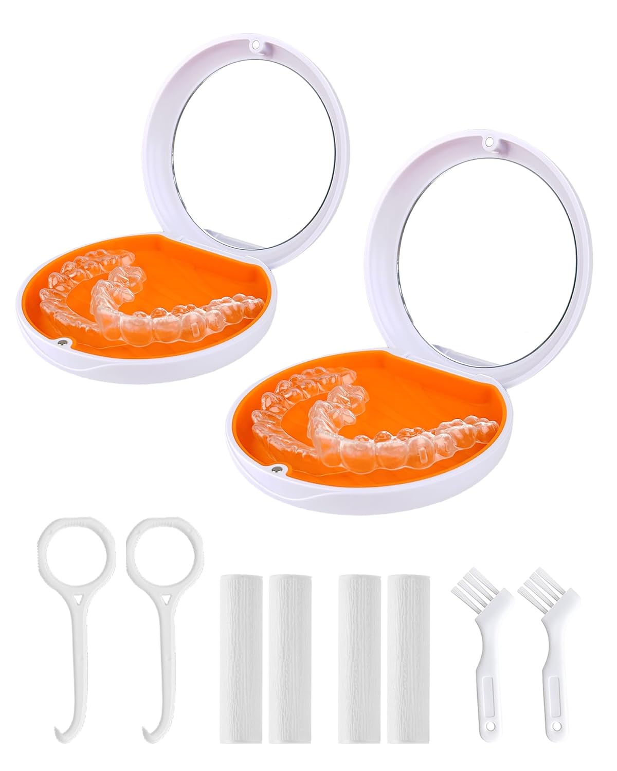 2 Pack Retainer Case with Mirror Kits, Aligner Case Compatible with Invisalign, Slim Night Guard Cases with Aligner Removal Tool, Brush and Chew, White