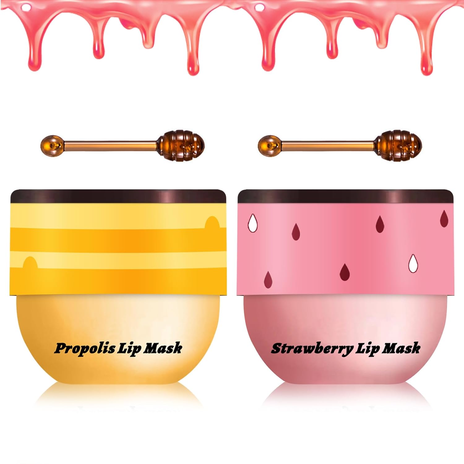 2PCS Bee Lip Balm Honey Pot Sleeping Mask - Silky Hydrating Overnight Lip Care Products - Strawberry & Honey