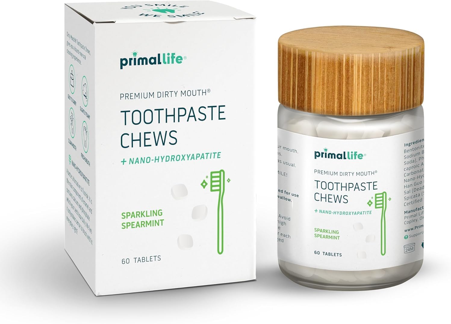Primal Life Organics Premium Dirty Mouth Toothpaste Chews – Nano-Hydroxyapatite Whitening Toothpaste Tablets for Adults - Gluten Free, Vegan, Paleo - 60 Tablets in Jar - Sparkling Spearmint