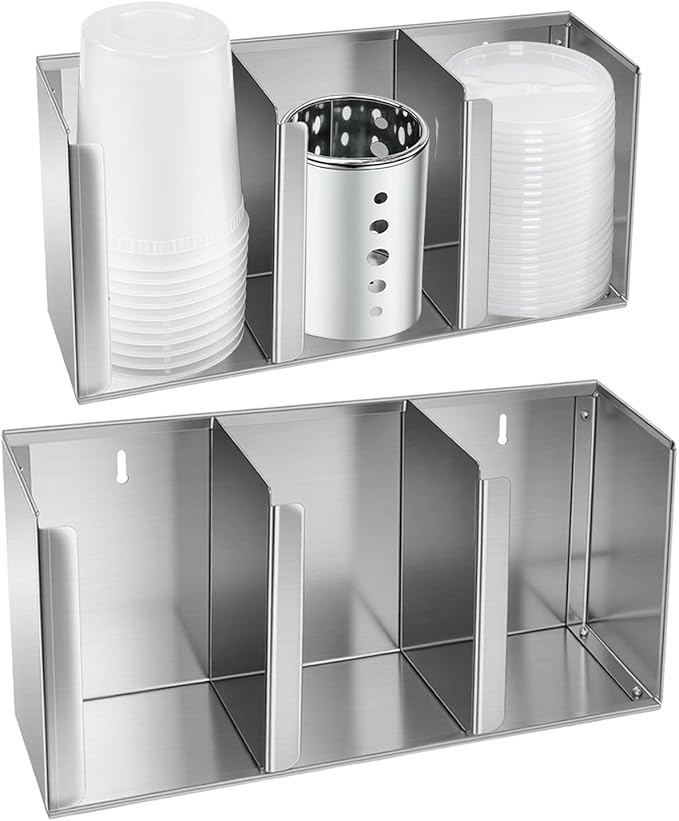 Stainless Steel Cup Dispenser,3 Compartments Cup Holder and Lid Holder with Adjustable Dividers,Cup Organizer for Kitchen Cabinets Cafe Shop Restaurant,Includes Straw Holder