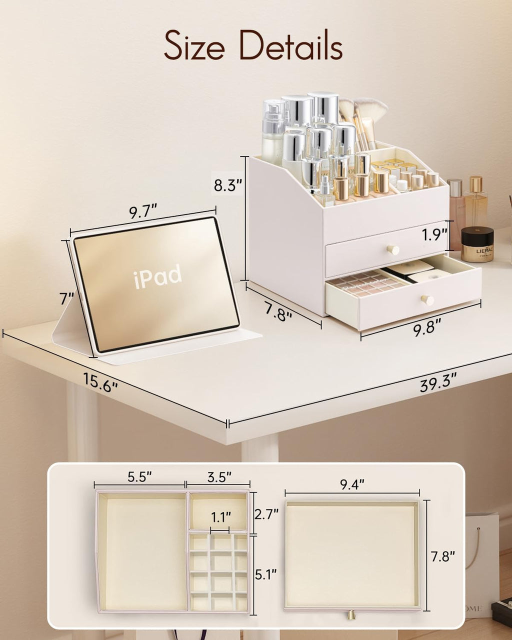 Vlando Makeup Organizer,Skincare Organizer for Vanity，PU Leather Make up Organizer with Drawers Cosmetic Display Case for Countertop,Perfume,Gifts Ideas for Women (Apricot White)