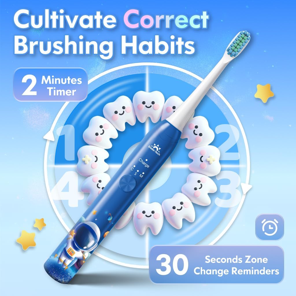 Electric Toothbrush Kids Age 3-5-7-8-12 Year Old, Childrens Electric Toothbrush Rechargeable with Timer 3 Modes 4 Vibrating Heads Habit Stickers 31000VPM Boys Electric Tooth brush (Astronaut Blue)