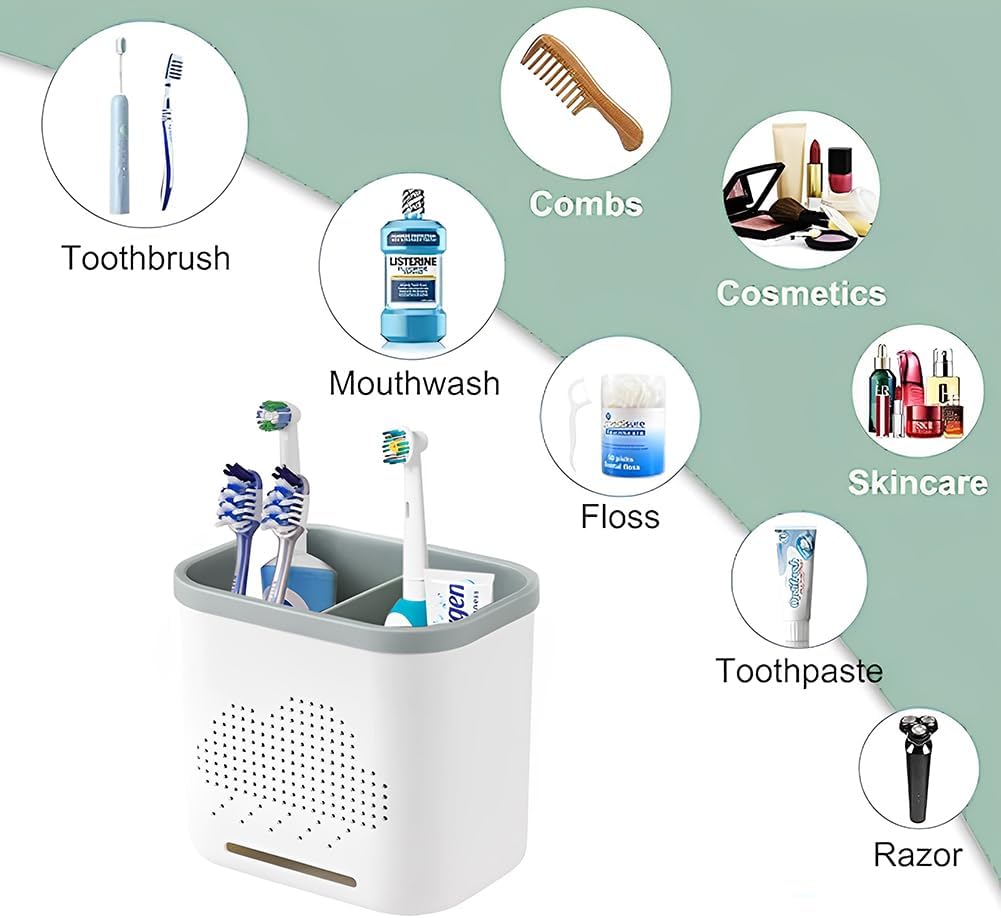 2 Slots Toothbrush Holder and Toothpaste Holder with Drain Hole, Detachable Easy Cleaning Multi-Functional Organizer Caddy Storage for Bathroom Vanity Sink Kitchen (White+Green 2 compartments)