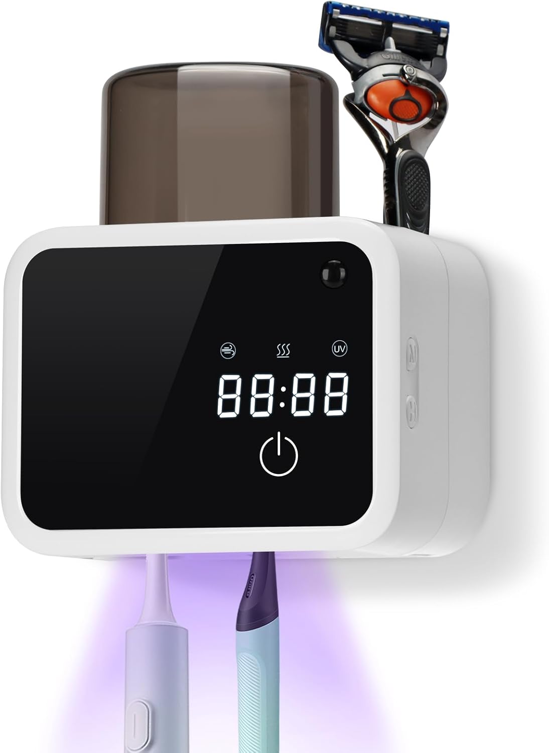 Wall Mounted Toothbrush Cleaning Holder, 2 Slots UV Toothbrush Cleaner with LED Screen, Timer and Cup, Smart Toothbrush Storage with Heating and Fan Drying for Bathroom Organizer & Decor - White