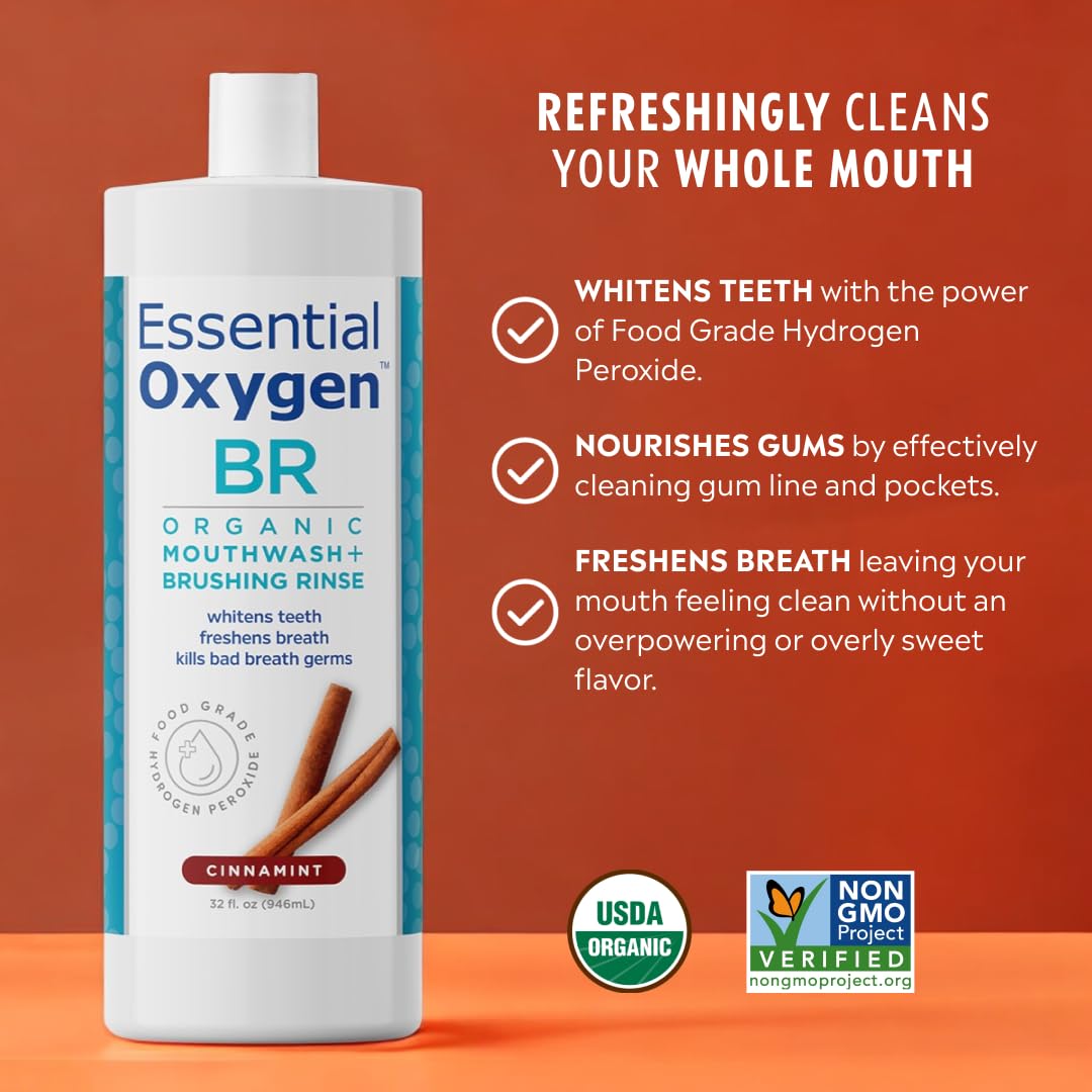 Essential Oxygen, BR Organic Brushing Rinse and Mouthwash, Cinnamint, 32 fl oz, for Whiter Teeth, Fresher Breath and Happier Gums, Alcohol-Free Oral Care (Pack of 1)