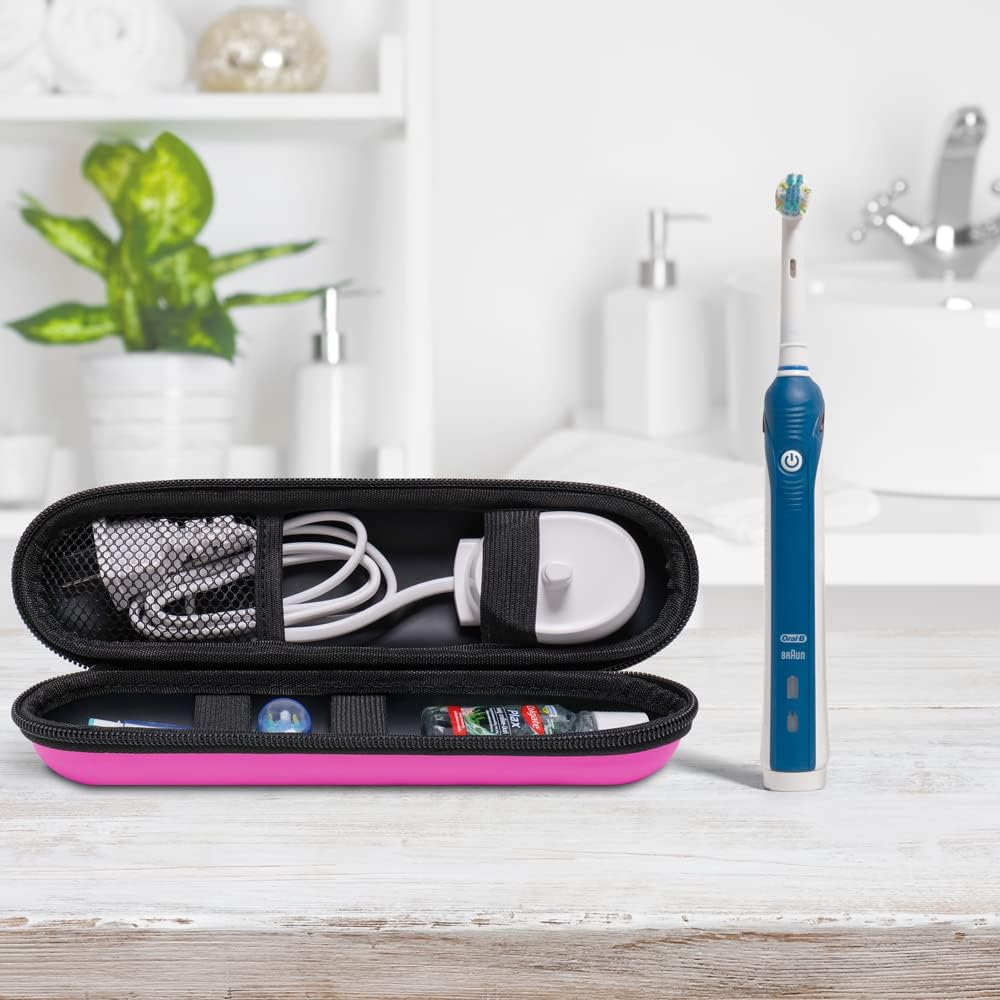 EVA Electric Toothbrush Case - Durable Hard Shell Travel Case with Mesh Pocket - Fits Most Powered Toothbrush Products (Pink)