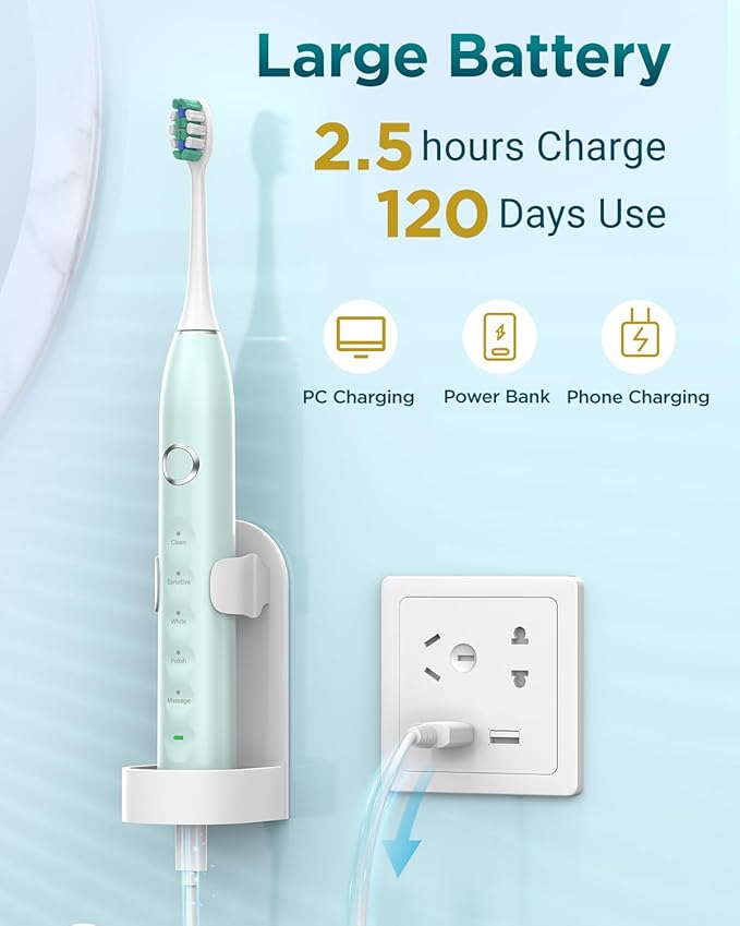 Rtauys S5 Sonic Electric Toothbrush for Adults with 8 Brush Heads, IPX7 Travel Electric Toothbrush with Travel Case, 2.5 Hours Charge for 120 Days, 5 Modes with 2 Minutes Built in Smart Timer Green