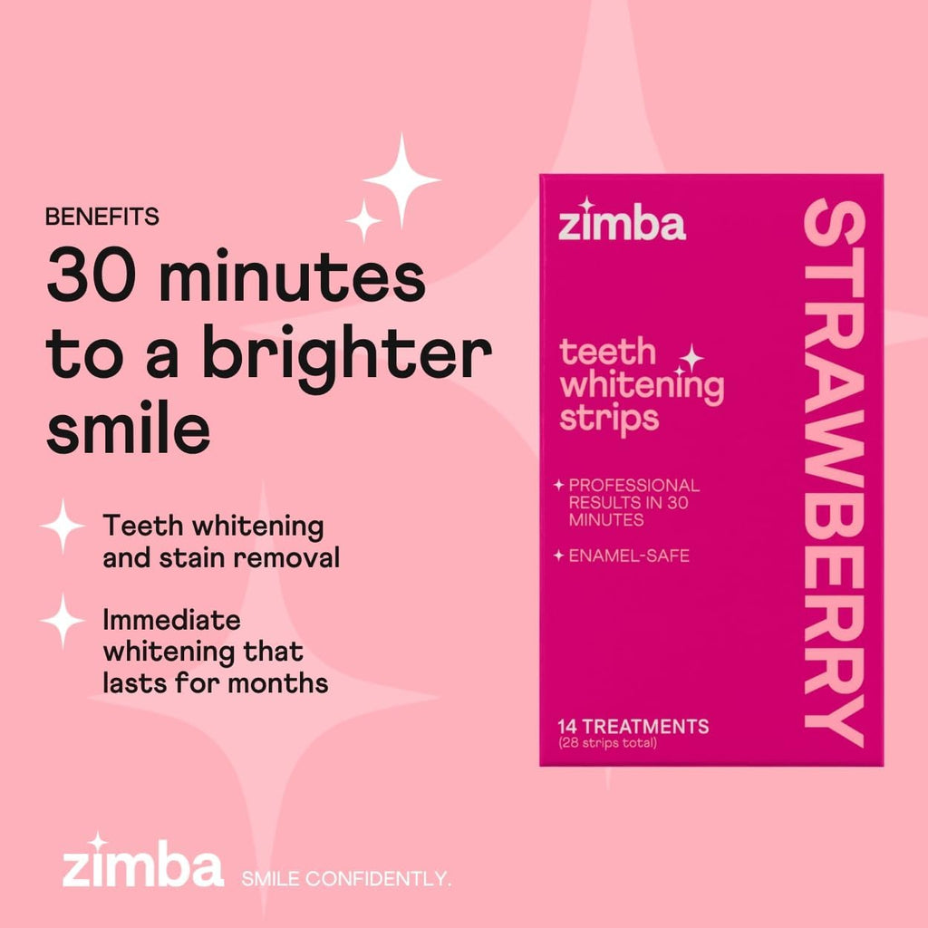 Zimba Teeth Whitening Strips for Teeth Sensitive, White Strips for Teeth Whitening, Teeth Whitener Stain Remover 28 White Strips Included Per Pack, 2 Pack (14 Day Treatment), Strawberry and Mint