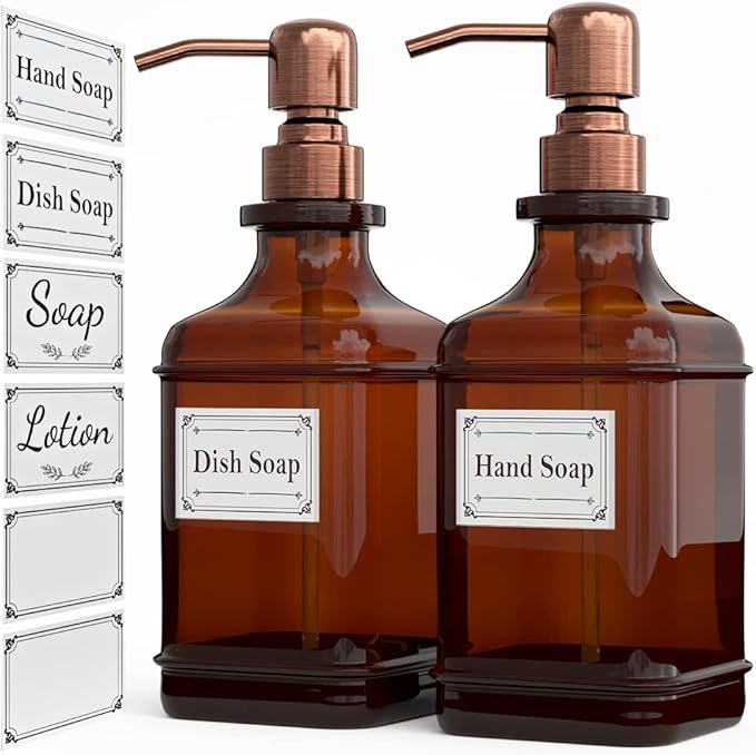 GLADPURE Soap Dispenser 2 Pack, Hand Soap Dispensers with 18 Oz Antique Design Thick Amber Glass Bottle, 316 Rust Proof Stainless Steel Pump, 6Pcs Stickers, for Lotion, Soap - Brushed Copper