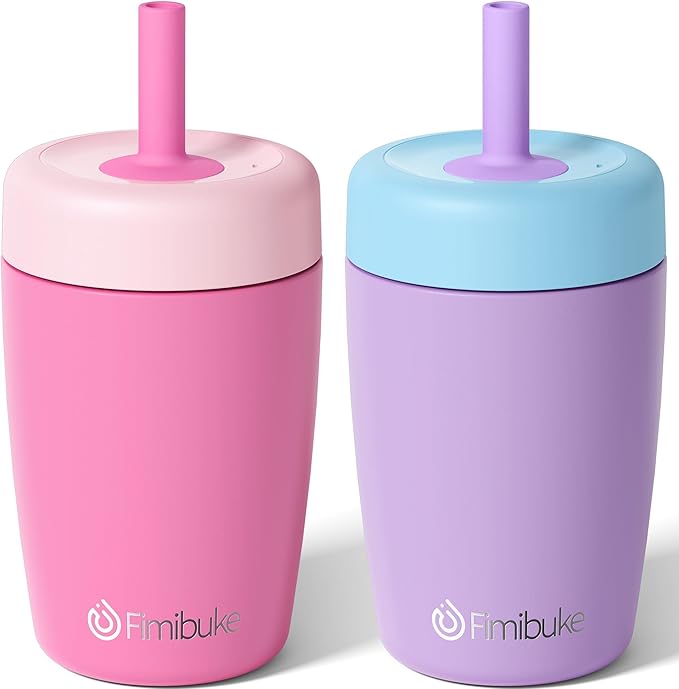 Fimibuke Kids & Toddler Cups Spill Proof, 12 OZ Insulated Sippy Cups for Toddlers Boys Girls, BPA-Free Toddler Straw Tumbler, Stainless Steel Kids Water Bottle with Twist Lids & Silicone Straw, 2 Pack
