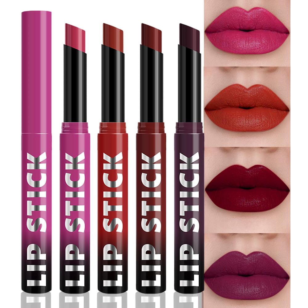 4Pcs Matte Lipstick Set for Women, Hot Pink Orange Red Maroon Plum Purple LIpstick Lip Balm, Long Lasting Waterproof Transfer-Proof Vegan Lip Gloss Products Makeup All-Day Formula SetA02