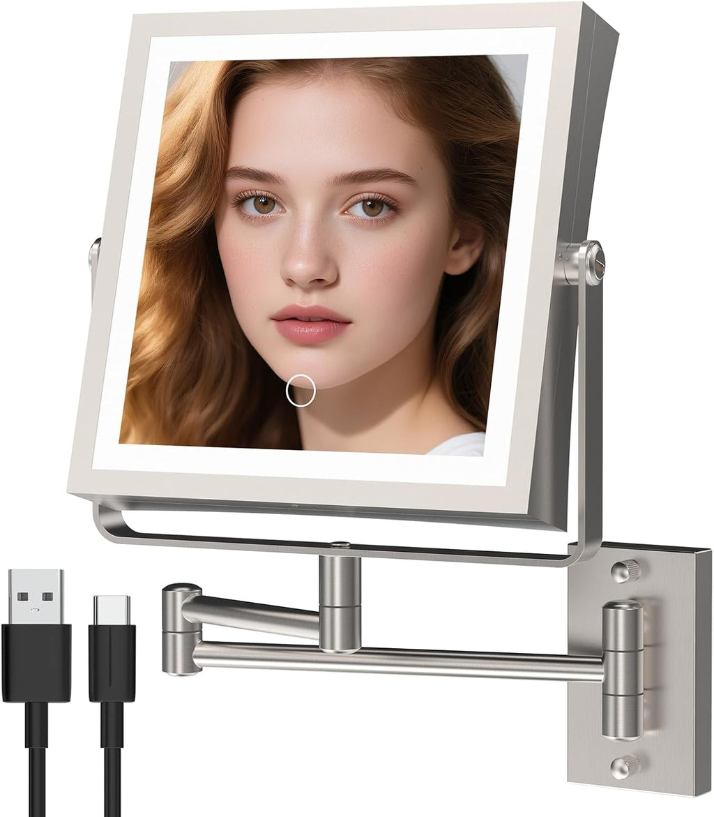 Wall Mounted Makeup Mirror with Lights 4000mAh Rechargeable Double Sided 1X/10X Magnifying Lighted Vanity Mirror with 3 Color Lights & Touch Dimmable 360° Rotation Extension Swing Arm for Bathroom
