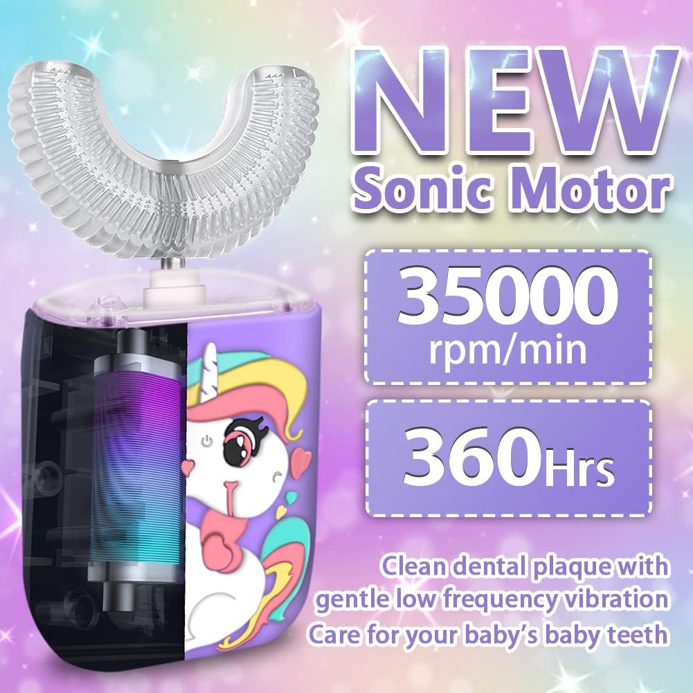 Kids U-Shaped Electric Toothbrush, Sonic Automatic Toothbrush with 4 Brush Heads, 360° Whole Mouth Cleaning Six Modes, Unicorn Design, IPX7 Waterproof, Rechargeable Birthday Gift (Purple, Kids 2-7)