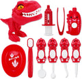 10PCS Plastic Dinosaur Simulation Dentist Play Set Animation Medical Kit Pretend Toy for Kids Hygienic Habbit Cultivation Role Play Game for Children 5 Models 4 Colors Simple OPP Bag Packaging (Red)