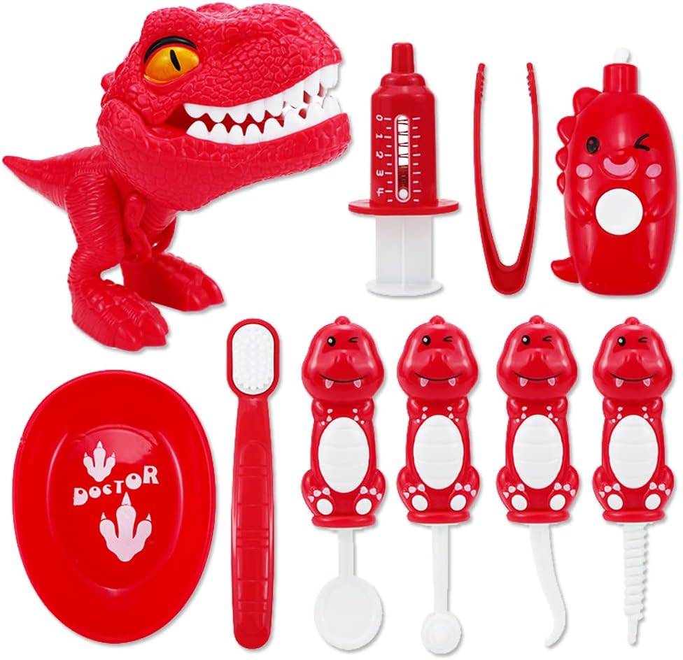 10PCS Plastic Dinosaur Simulation Dentist Play Set Animation Medical Kit Pretend Toy for Kids Hygienic Habbit Cultivation Role Play Game for Children 5 Models 4 Colors Simple OPP Bag Packaging (Red)