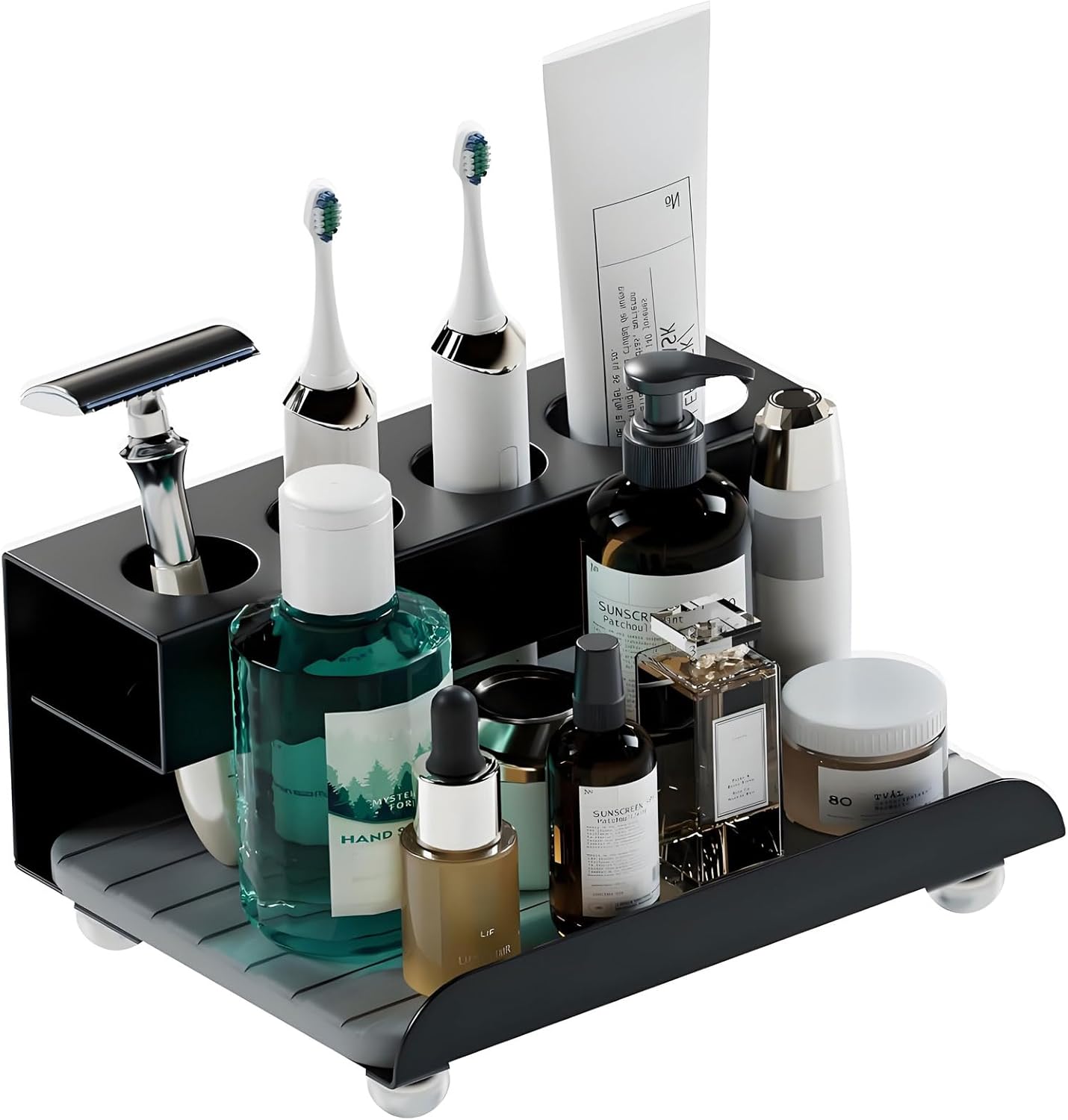 Quick Dry Electric Toothbrush Holder 4 Slots Metal Bathroom Counter Organizer for Toothpaste Razor Mouthwash, Black