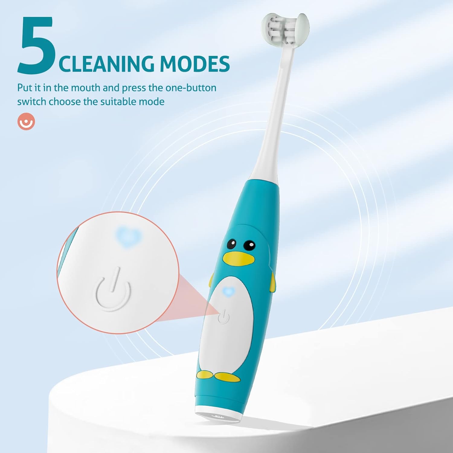 RAZOKO Kids Electric Toothbrush 3 Sided Toothbrush,Sonic Toddler Toothbrush with 2 Brush Heads, Intelligent Timer 5 Gears Adjustment,Ipx7 Waterproof,USB Cable