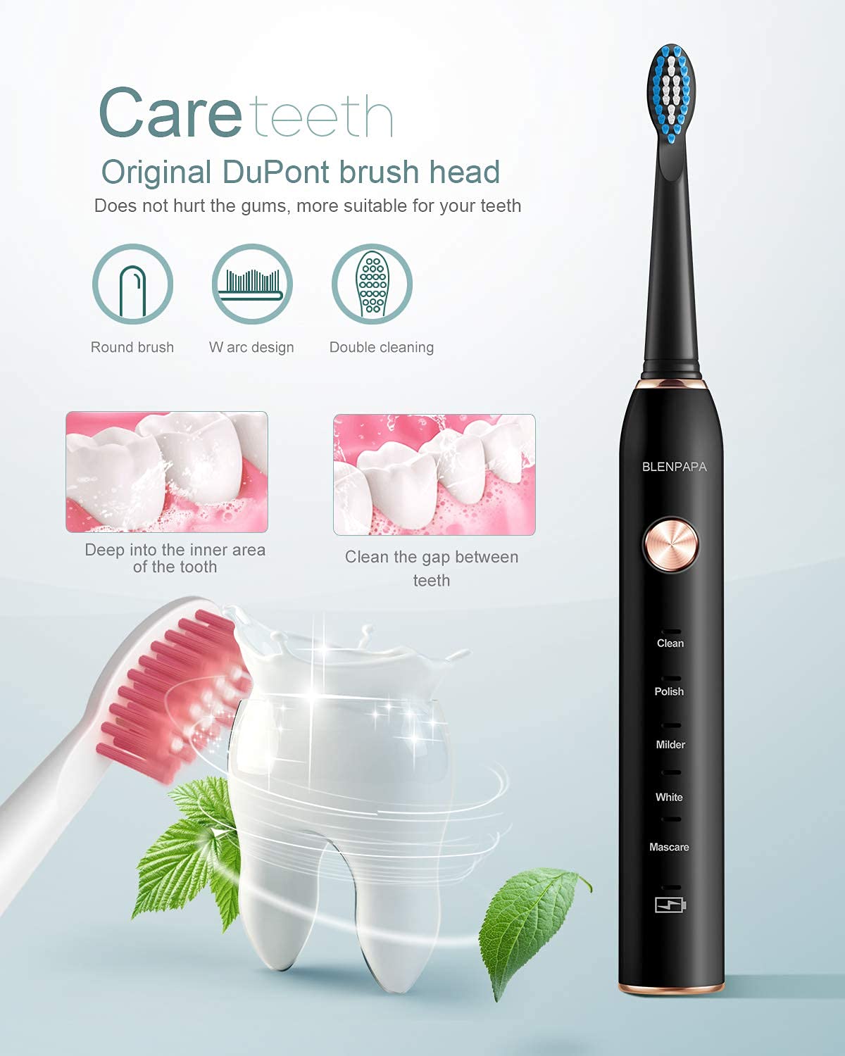 Teeth & Gums Care Electric Toothbrush, IPX7 Waterproof Sonicare 38000VPM, Fast Charge Long Last with Intelligent Time Reminder 5 Optional Modes Dupont Brush Heads, Travel, Indoor, Outdoor, Black