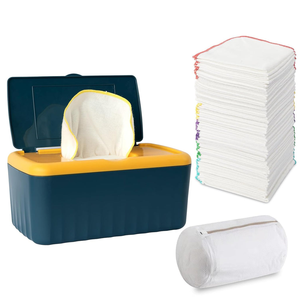 54 Packs Flannel Reusable Baby Wipes Cloth Wipes with Blue Wipes Dispenser, Reusable & Natural Skin-friendly Cloth Baby Wipes, Body Face Hand Washcloth Essential for Cloth Diapers