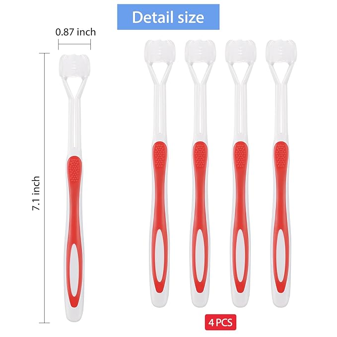 Boao 4 Pieces Toothbrush 3 Sided 7.1 Inch Autism Sensory Toothbrush 360 Degree Cleaning Travel Brush Complete Teeth Gum Care Angle Clean Tooth(Red)