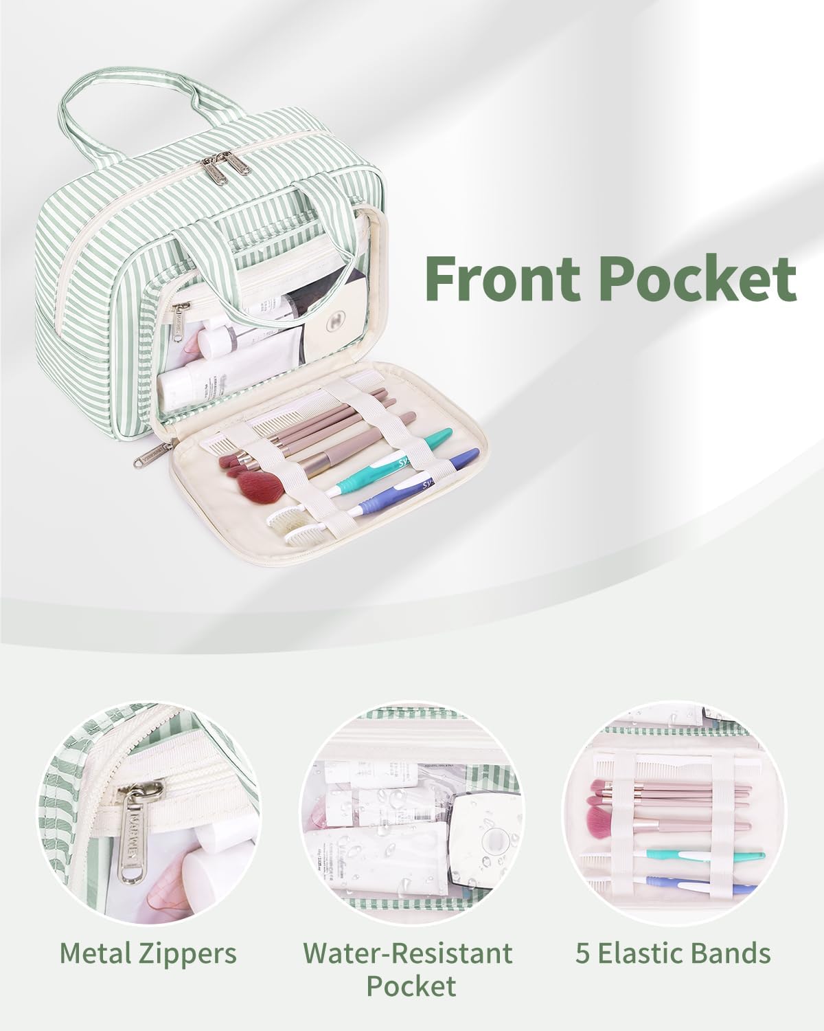 Narwey Large Travel Toiletry Bag for Traveling Women, Cosmetic Makeup Bag Make Up Organizer, Striped Travel Bag for Toiletries with Handle (Mint Green Stripe)