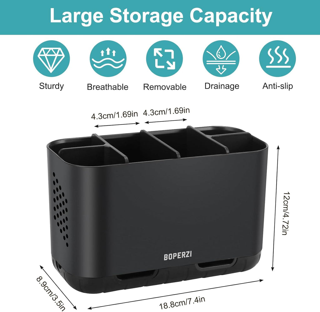 Boperzi Toothbrush Holders for Bathrooms Organizers and Storage, Large Tooth Brush Holders with Drainage, Anti-Slip Electric Toothbrush and Toothpaste Holders Caddy for Shower Kids Family, Black