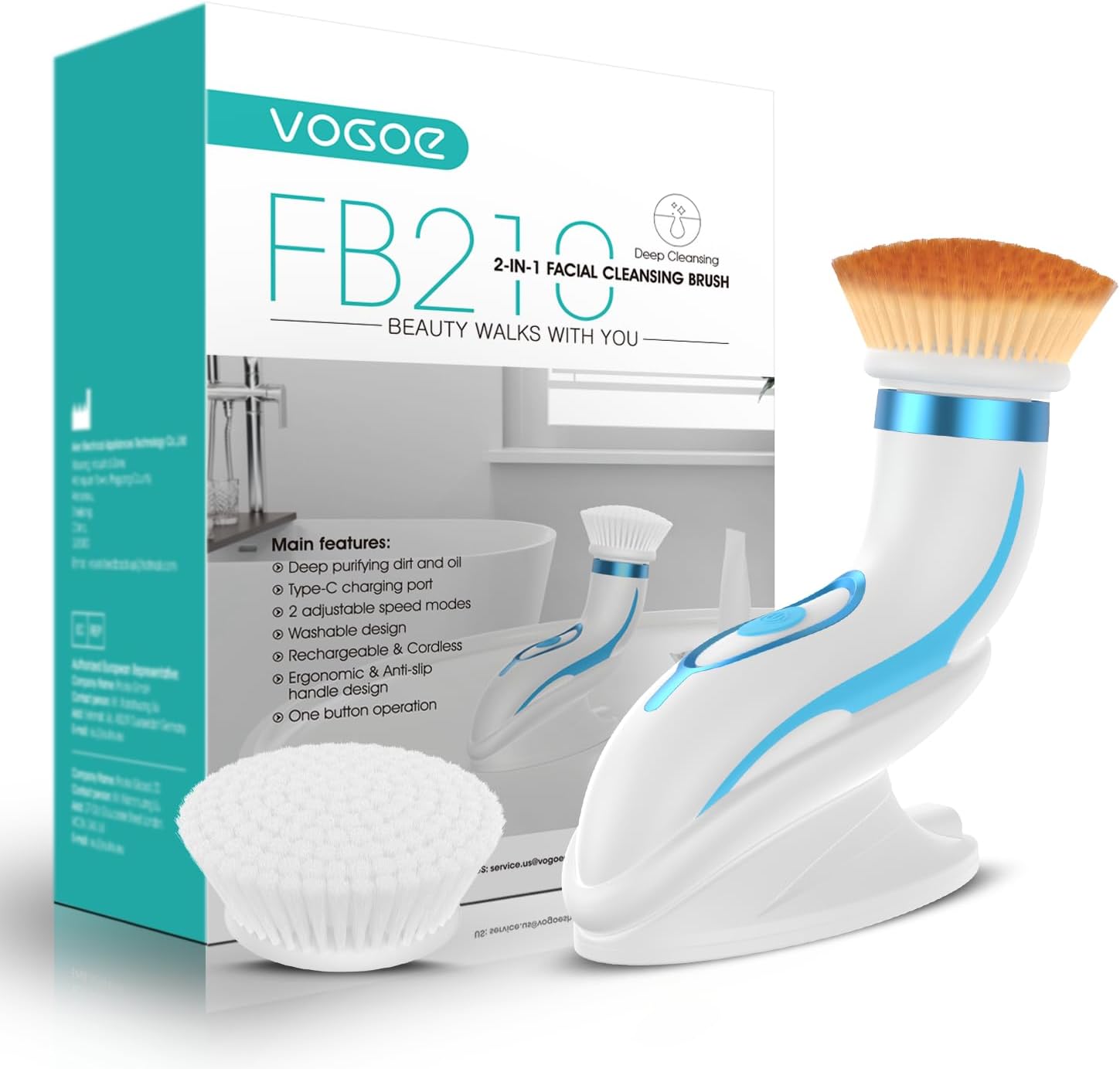 Facial Cleansing Brush-Spin Face Scrubber Exfoliator Rechargeable, 2-Speed Rotation, Electric Face Wash Brushes for Cleansing and Exfoliating, with 2 Brush Heads, Blue