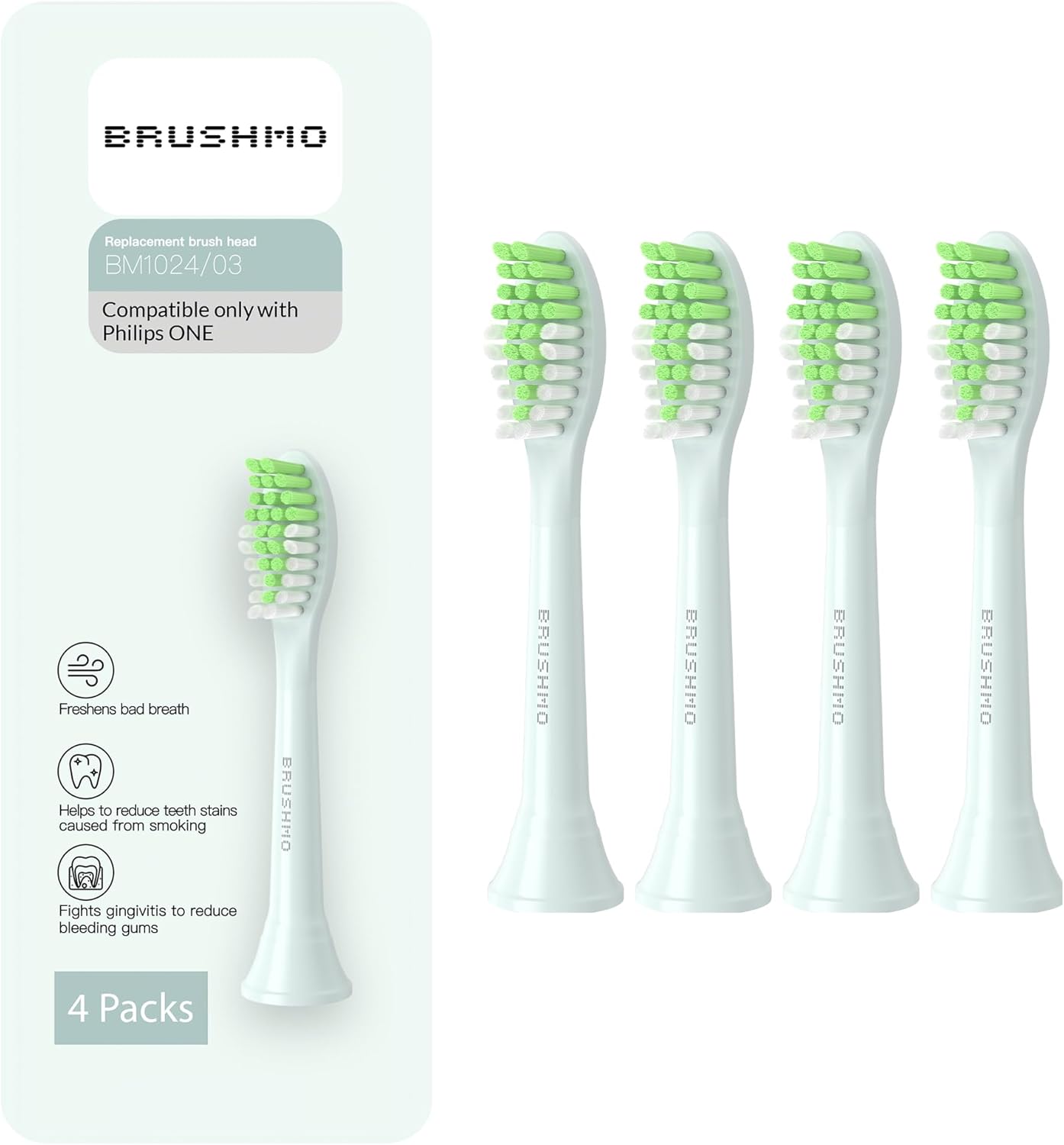 Brushmo Replacement Toothbrush Heads, Compatible with Philips One for Sonicare Electric Toothbrush Handles HY1022, 4 Standard Heads with Tongue Cleaner, Soft Dupont Bristles, BM124m, Mint Light Blue