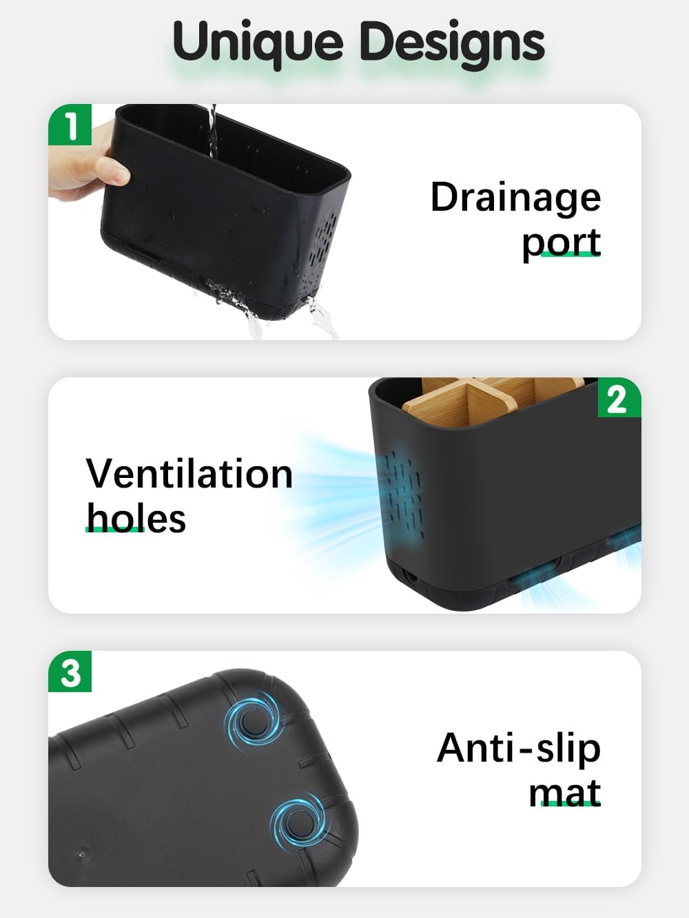 Black Toothbrush Holder, Bamboo Toothbrush and Toothpaste Holder with Drainage, Electric Kids Matte Black Toothbrush Holders Set Organizer for Bathrooms Countertop Accessories Storage