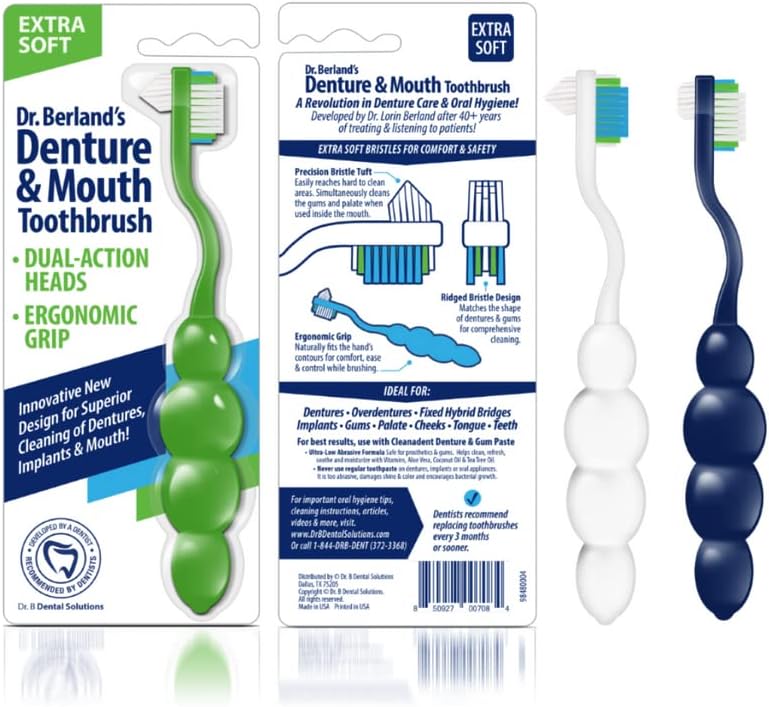 Dr. B Dental Solutions Ergonomic Denture Toothbrush Extra Soft Bristles, Removes Stains & Odor Precision Design for Implants & Overdentures Single Green Pack