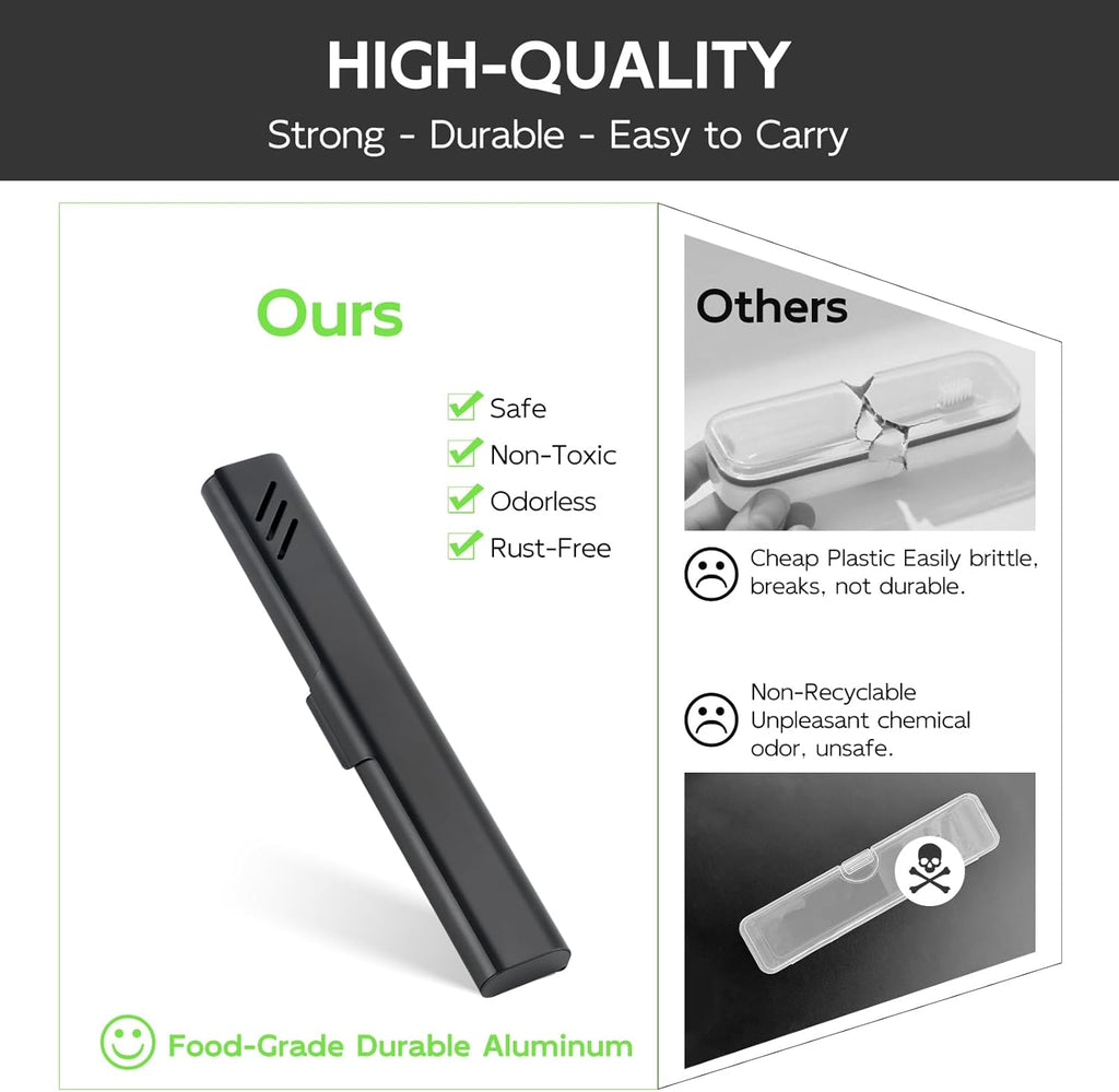 Travel Toothbrush Case, 2Pack Portable Toothbrush Holders, Durable Aluminum Toothbrush Storage Box, Small Breathable Manual Toothbrush Container for Traveling, Camping, Business Trip - Black