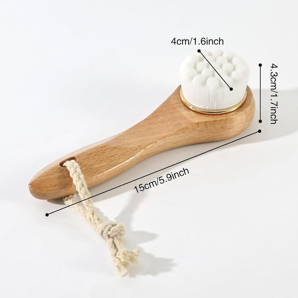 2 Pcs Face Scrubber with Wooden Handle, Facial Cleansing Brushes Face Wash Brush for Deep Pore Cleansing and Exfoliating, Ultra Soft Bristles Manual Dry Brush for Face Care，White