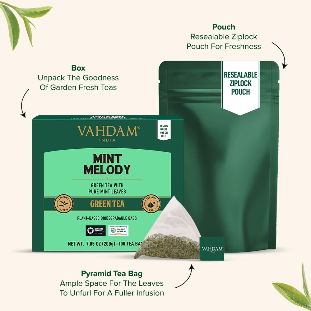 VAHDAM, Mint Green Tea Bags (100 Count) 100% Pure Leaf Tea, High Grown, Low Caffeine, Non GMO, Gluten Free | Plant-Based Pyramid Tea Bags | Direct from Source