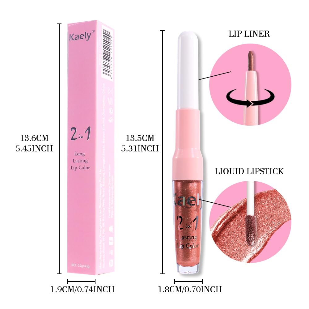 Kaely 2-in-1 Copper Metallic Lipstick and Lip Liner Makeup, Shimmer Liquid Metallic Lipsticks for Women, Glitter Lip Gloss Stain Long Lasting Waterproof Smudge Proof 24 Hour, Vegan & Cruelty-Free, 20