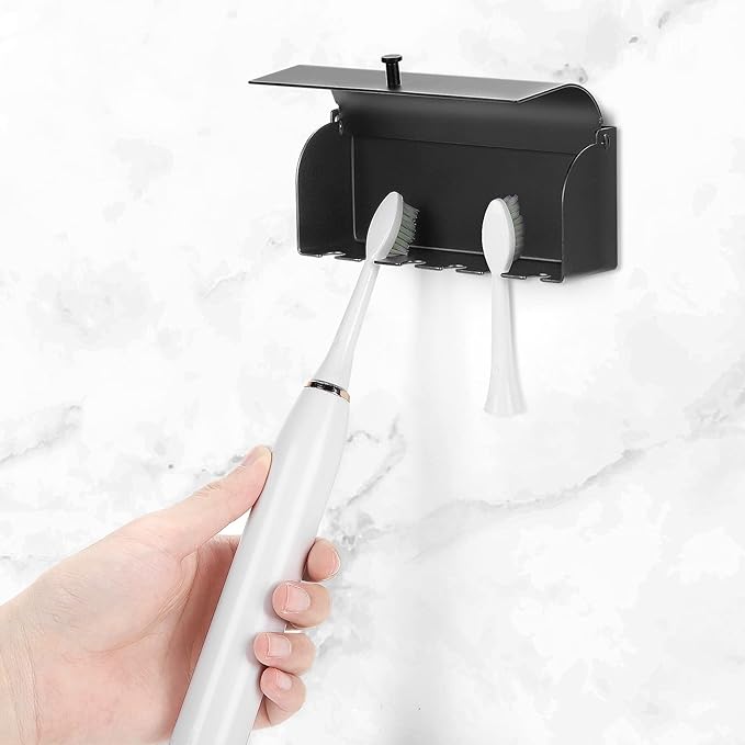 6-Slot Stainless Steel Toothbrush Holder with Cover - Wall Mounted, Dustproof, Self-Adhesive, Rustproof Bathroom Organizer for Toothbrush Storage (Black)