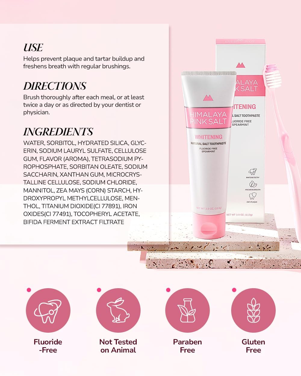 HIMALAYA PINKSALT Natural Whitening Toothpaste, 3.9 OZ (Pack of 2)- Fluoride Free I Natural Toothpaste for Teeth Whitening I Gum Health Care I Plaque Remover I Spearmint Flavor