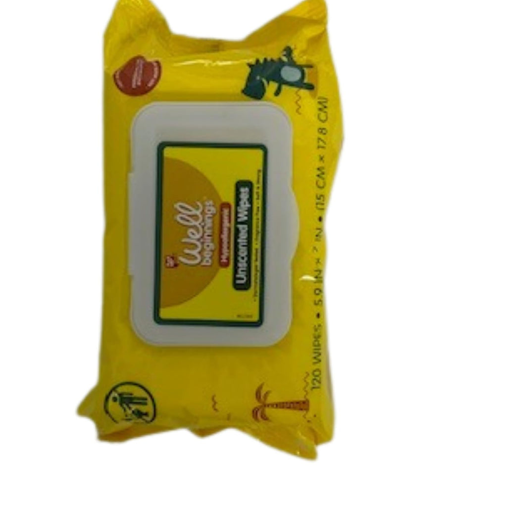 Pack of 5 Well Beginnings Hypoallergenic Unscented Wipes Dermatologist Tested Fragrance Free Soft & Strong, 120 Wipes