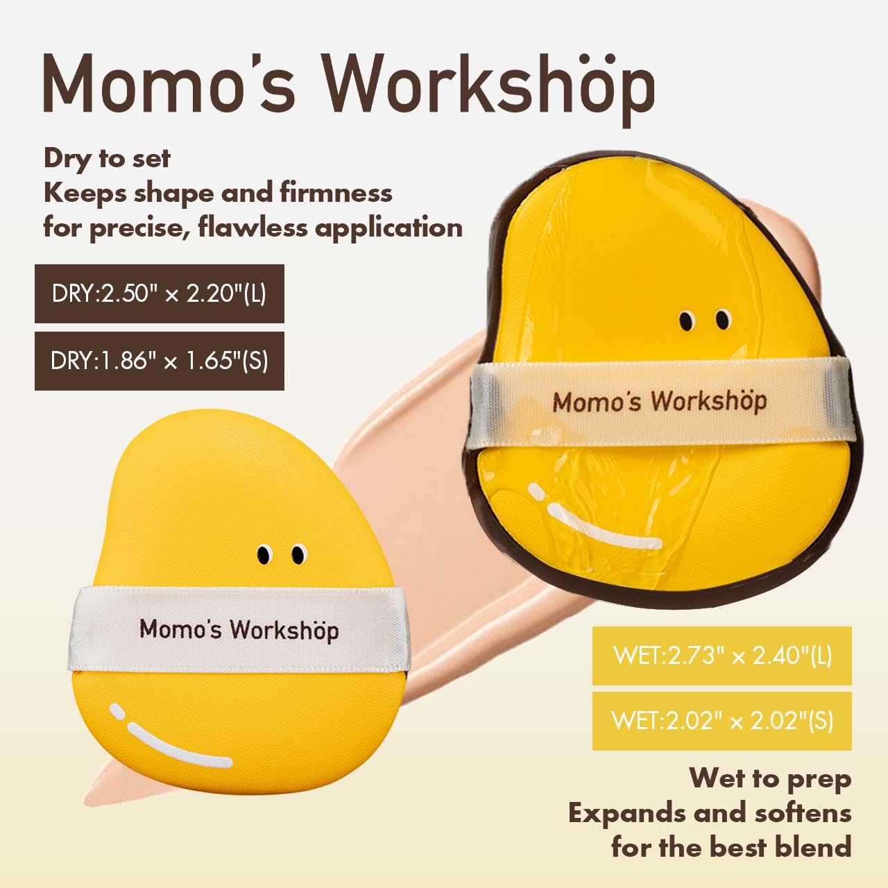Momo's Workshop Mango Makeup Sponge Set- 2 Cosmetic Foundation Sponges, Dual-Textured for Wet/Dry Use, Pointed Tip for Detail Work, Includes Large & Medium Sizes & Storage Case