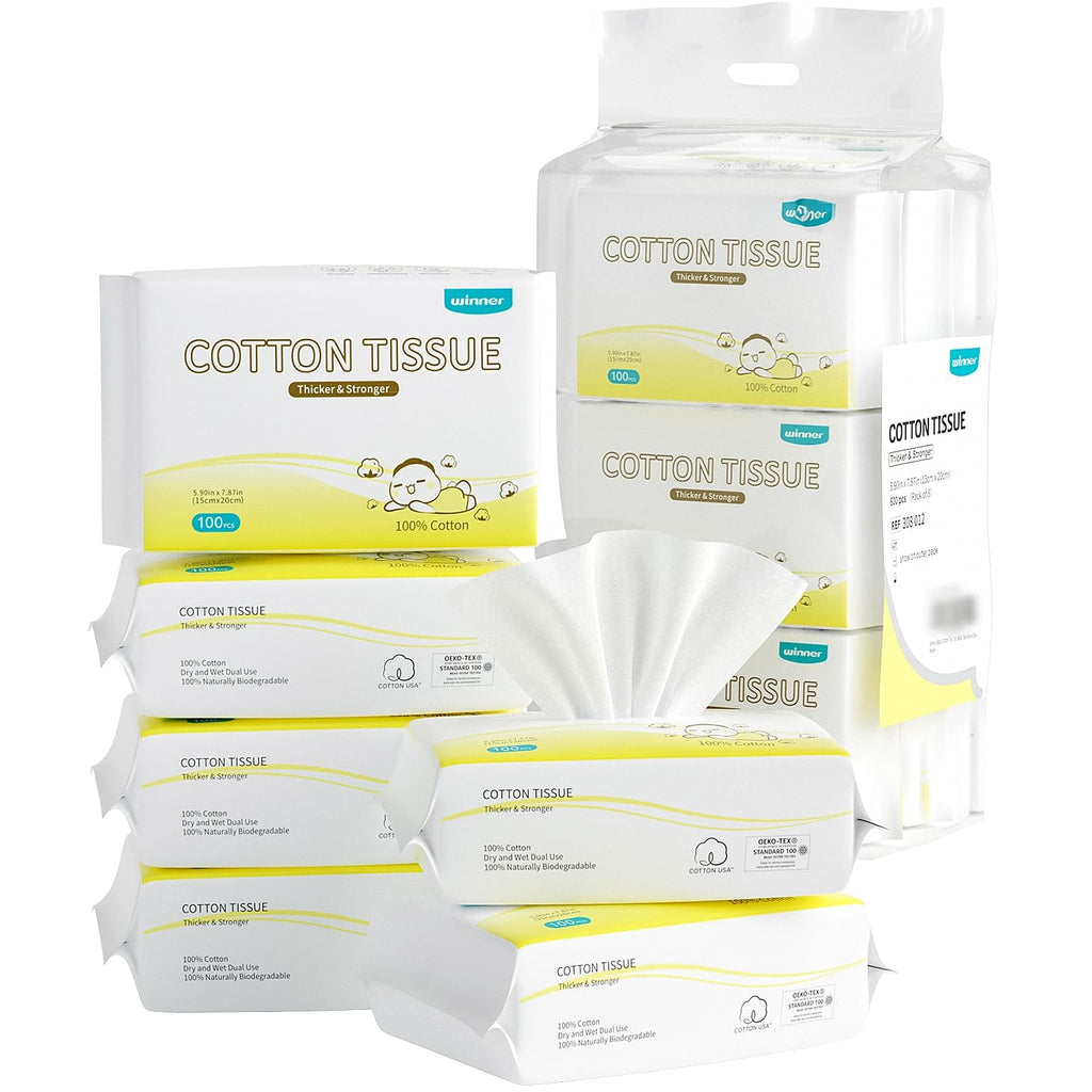 Winner 100% Cotton Dry Wipes, USDA Certified Baby Wipes, Soft & Gentle, Hypoallergenic & Unscented for Baby Sensitive Skin, Use Wet/Dry for Diaper Changes, Meals & Cleanup, 600 Count, Pack of 6