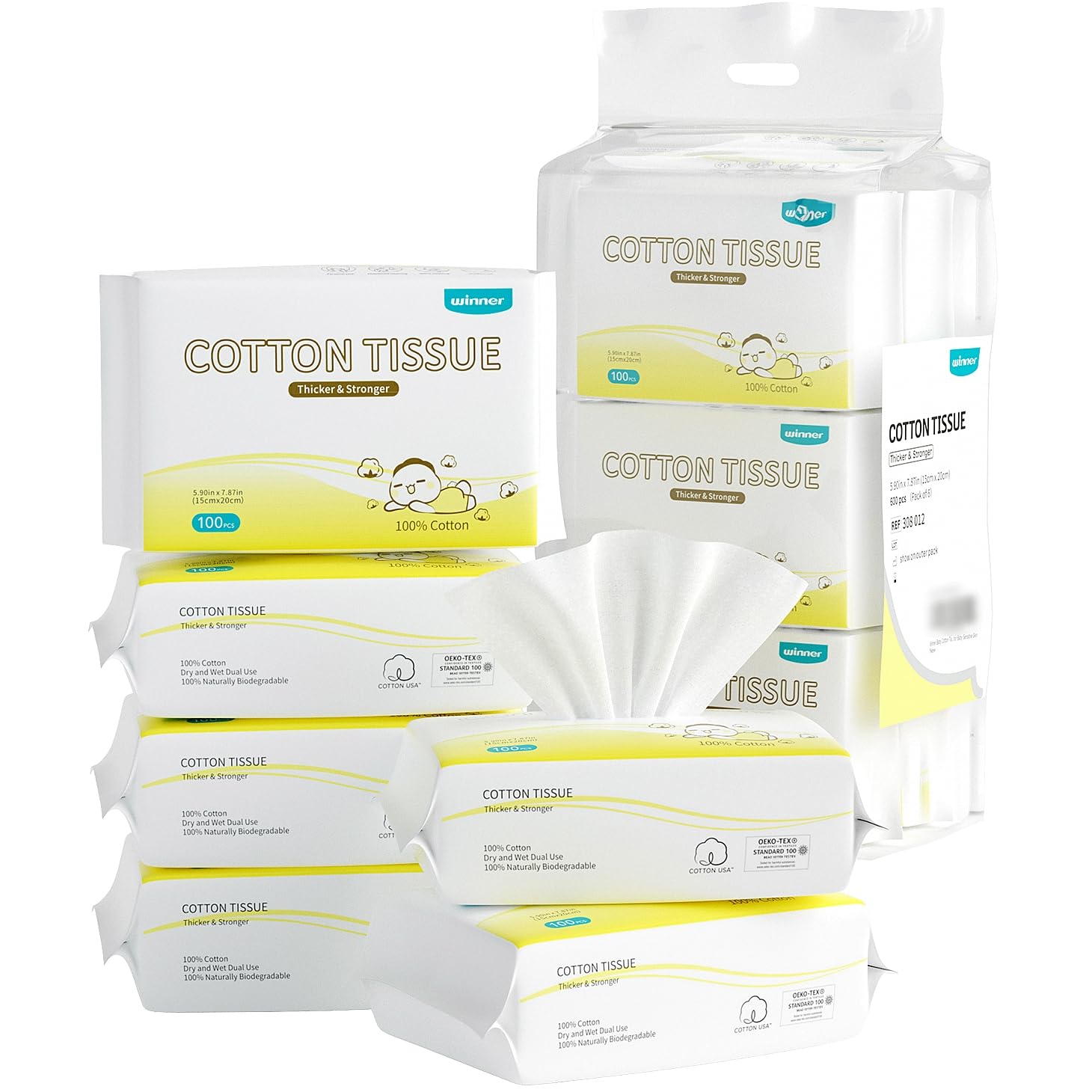 Winner 100% Cotton Dry Wipes, USDA Certified Baby Wipes, Soft & Gentle, Hypoallergenic & Unscented for Baby Sensitive Skin, Use Wet/Dry for Diaper Changes, Meals & Cleanup, 600 Count, Pack of 6