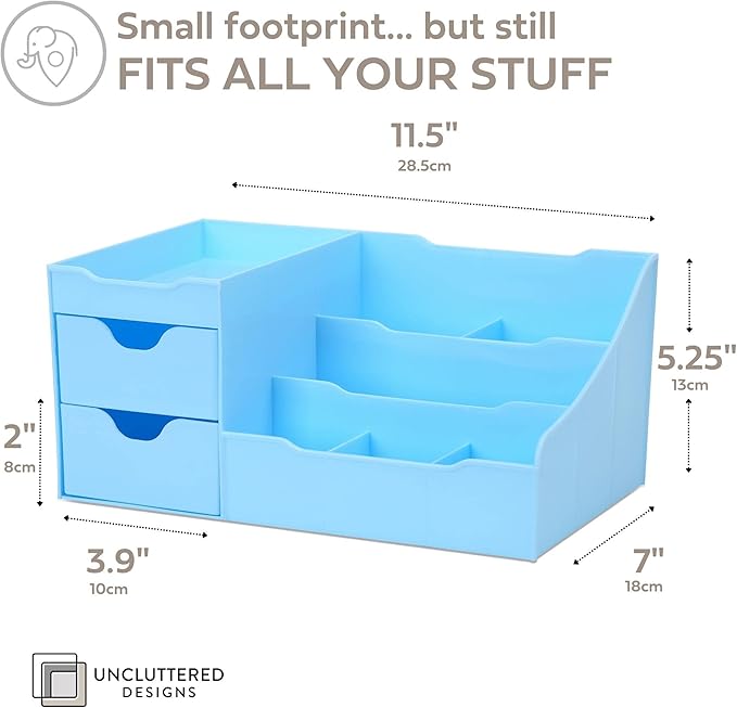 Uncluttered Designs Makeup Organizer With Drawers - Modern Countertop Storage for Cosmetics - Chic Vanity Holder for Cologne, Skincare, Brush, Lipstick, Nail Polish Organization & Display (Blue)