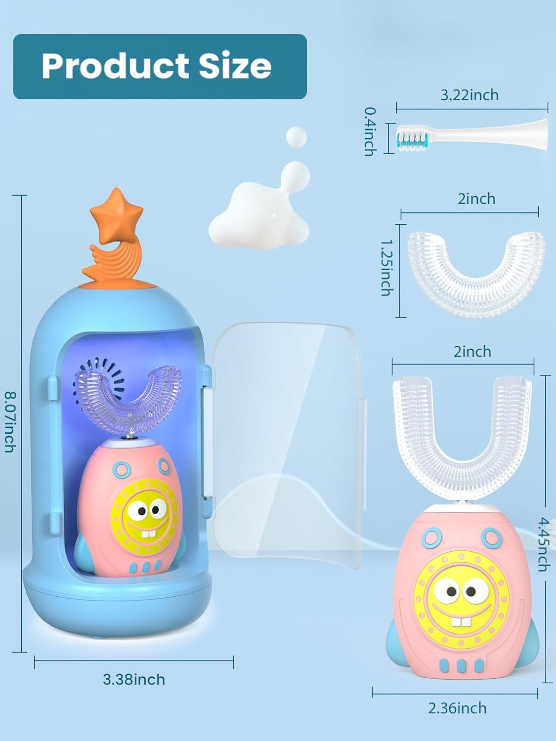 FTOYIN Kids Electric Toothbrush with 3 Brush Heads, U Shaped Ultrasonic Toothbrush Kids with 5 Modes, 45s Smart Reminder, 360-Degree Automatic Cleaning, IPX7 Waterproof Design