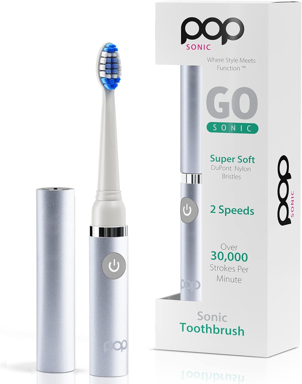 Pop Sonic Electric Toothbrush (Metallic Silver) - Travel Toothbrushes w/AAA Battery | Kids Electric Toothbrushes with 2 Speed & 15,000-30,000 Strokes/Minute, Dupont Nylon Bristles