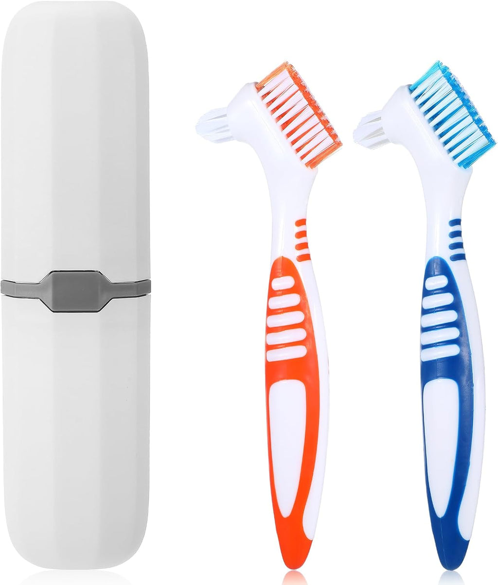 2Pcs Denture Brush, Denture Cleaning Brush Set with White Carrying Case Denture Toothbrushes with Multi-Layered Soft Bristles and Rubber Anti-Slip Handle (Blue + Orange)