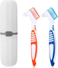 2Pcs Denture Brush, Denture Cleaning Brush Set with White Carrying Case Denture Toothbrushes with Multi-Layered Soft Bristles and Rubber Anti-Slip Handle (Blue + Orange)