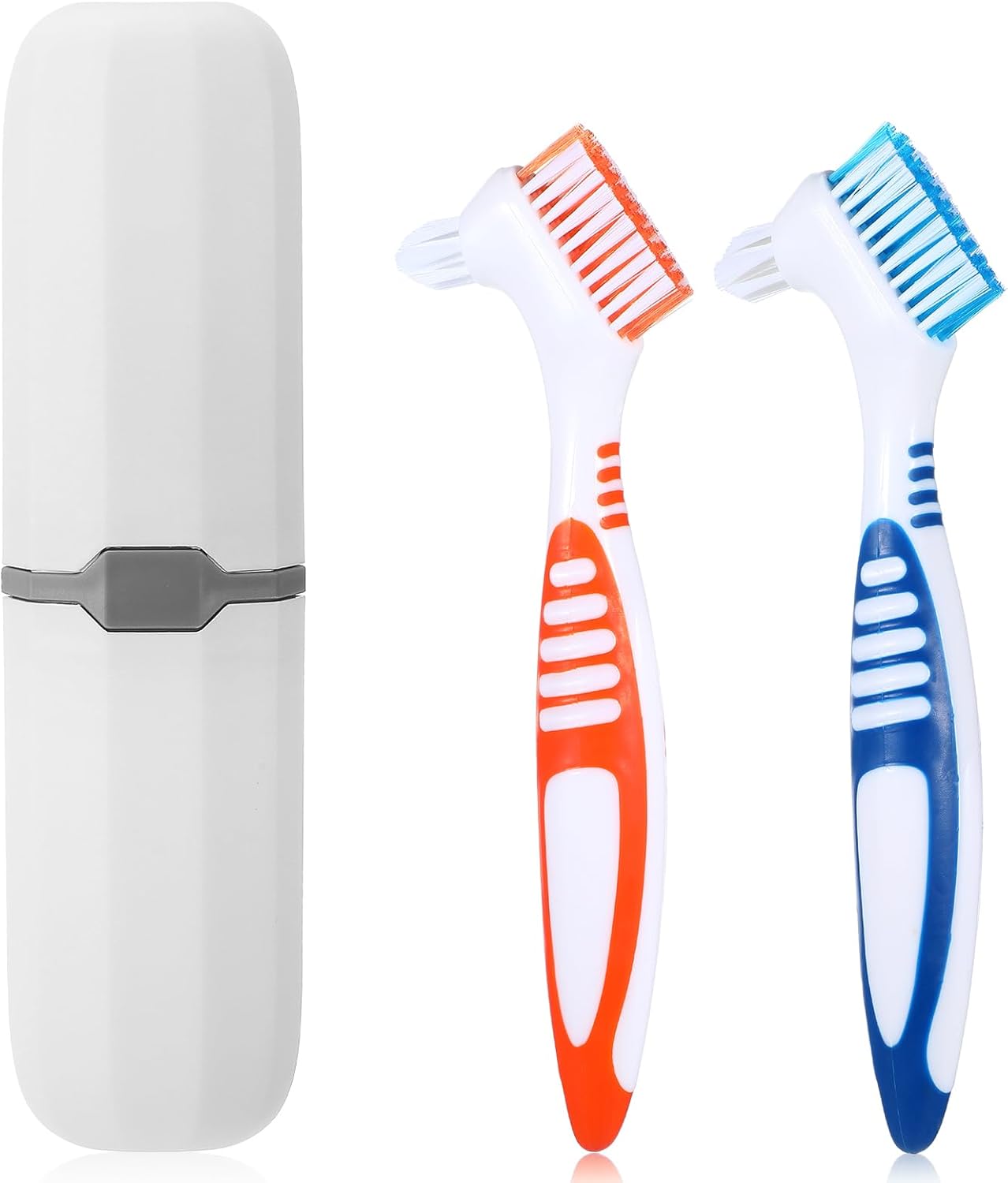 2Pcs Denture Brush, Denture Cleaning Brush Set with White Carrying Case Denture Toothbrushes with Multi-Layered Soft Bristles and Rubber Anti-Slip Handle (Blue + Orange)