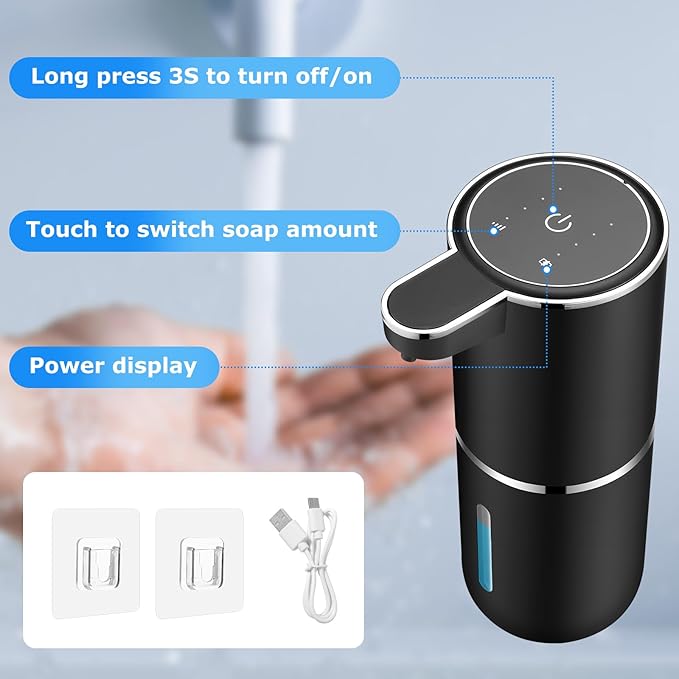2 Pack Automatic Soap Dispenser,Automatic Liquid Soap Dispenser Touchless,12.8oz/380ml USB Rechargeabled Wall Mounted Smart Soap Dispensers for Bathroom Kitchen Dish Soap(Black)